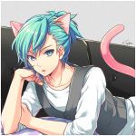  1boy animal_ears blue_eyes cat_ears cat_tail collarbone commentary_request couch furniture green_hair hair_between_eyes head_on_arm looking_at_viewer lying male_focus medium_hair mikaze_ai nanaki_tsubasa on_stomach parted_lips ponytail shirt signature sleeves_rolled_up solo sweater_vest tail upper_body uta_no_prince-sama white_shirt 