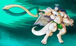  anthro bulge clothed clothing collar dragon feathered_wings feathers male melee_weapon muscular muscular_male nipple_piercing nipples pecs piercing siriusdog solo sword thick_thighs topless underwear weapon wings 
