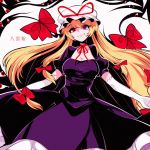  black_dress blonde_hair breasts dress gap hat heterochromia highres large_breasts long_hair looking_at_viewer mindoll mob_cap purple_eyes red_eyes smile touhou white_background yakumo_yukari 