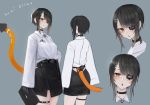  1girl :o bangs belt blouse collar cyberpunk earrings eyepatch gradient jewelry kasagarasu leg_strap mechanical_arms prosthesis short_hair skirt solo standing sumi_elias swept_bangs tail white_skin 