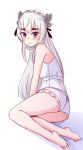  1girl ass barefoot blush chaika_trabant circle deredereday eyebrows_visible_through_hair highres hitsugi_no_chaika long_hair looking_at_viewer princess purple_eyes sitting sketch solo underwear white_background white_hair 