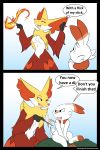  2019 absurd_res ambiguous_gender anthro canid canine comic delphox detailed_background dialogue digital_media_(artwork) duo english_text female fire half-closed_eyes hi_res infinitedge2u lagomorph mammal nintendo open_mouth pok&eacute;mon pok&eacute;mon_(species) scorbunny simple_background sitting speech_bubble standing stick text url video_games 