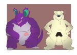  2017 3_toes 4_fingers anthro balls black_claws chest_tuft claws club_penguin digital_media_(artwork) duo erection eyebrows flexing grin half-closed_eyes hands_on_hips herbert_p._bear hi_res horn humanoid_penis looking_at_penis male mammal nidoking nintendo nude overweight overweight_male penis pok&eacute;mon pok&eacute;mon_(species) polar_bear seyrmo smile standing toes tuft ursid ursine video_games 