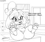  2019 animal_crossing anthro blush breasts canid canine canis clothed clothing dialogue domestic_dog dongitos double_v_sign eyewear female fur gesture glasses hair hi_res isabelle_(animal_crossing) looking_at_viewer mammal nintendo nipple_outline open_mouth shih_tzu solo thick_thighs tongue toy_dog v_sign video_games wide_hips yellow_fur 