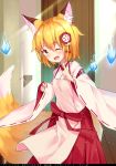  1girl ;d animal_ear_fluff animal_ears apron bangs blonde_hair blush brown_eyes commentary_request dated eyebrows_visible_through_hair flower fox_ears fox_girl fox_tail hair_between_eyes hair_flower hair_ornament hakama hand_up index_finger_raised indoors japanese_clothes kimono long_sleeves looking_at_viewer one_eye_closed open_mouth red_flower red_hakama ribbon-trimmed_sleeves ribbon_trim senko_(sewayaki_kitsune_no_senko-san) sewayaki_kitsune_no_senko-san shiraki_shiori sleeves_past_wrists smile solo tail tail_raised translation_request white_apron white_kimono wide_sleeves 
