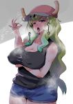  &lt;3 2018 5_fingers absurd_res arm_under_breasts baseball_cap big_breasts biped black_clothing black_topwear blue_bottomwear blue_clothing blue_eyes bottomwear breasts cleavage clothed clothing cutoffs denim_shorts digital_drawing_(artwork) digital_media_(artwork) drooling eyebrows eyelashes fellatio_gesture female fully_clothed gesture green_eyes green_hair hair half-length_portrait hat headgear headwear heterochromia hi_res horn horned_humanoid huge_breasts humanoid japanese japanese_text light light_skin lighting long_hair looking_aside looking_at_viewer looking_pleasured miss_kobayashi&#039;s_dragon_maid nipple_outline not_furry ok_sign open_mouth pink_tongue portrait quetzalcoatl_(dragon_maid) raised_inner_eyebrows s&uuml;leym&lambda;n saliva shadow shirt shorts simple_background solo standing suggestive suggestive_gesture sweat tan_skin tank_top text tongue tongue_out topwear translation_request white_background yellow_horn 