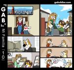  barefoot blonde_hair brown_hair canid canine canis clothing comic computers dinner domestic_dog eyewear female gabshiba glasses hair jeans male mammal moving pants parent pregnant shiba_inu shopping spit-take spitz store 