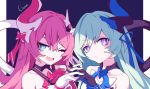  2girls ;d bangs blue_eyes blue_hair blue_ribbon bow brown_gloves closed_mouth commentary curled_horns english_commentary eyebrows_visible_through_hair fang gloves hair_between_eyes hair_bow hair_ribbon hand_up highres honkai_(series) honkai_impact_3 horn interlocked_fingers liliya_olyenyey litsvn long_hair looking_at_viewer multiple_girls one_eye_closed open_mouth pink_bow pink_hair purple_background purple_eyes ribbon rozaliya_olyenyey siblings signature sisters slit_pupils smile thick_eyebrows twins two-tone_background white_background white_gloves 