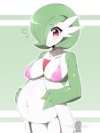 2019 belly big_belly big_breasts bikini blush breasts clothed clothing digital_media_(artwork) female gardevoir hair hands_on_belly hi_res humanoid iryanic looking_down nintendo nipples not_furry open_mouth pok&eacute;mon pok&eacute;mon_(species) pregnant signature simple_background solo standing swimwear translucent translucent_clothing video_games 