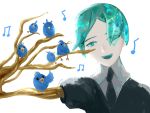  1other androgynous aqua_eyes aqua_hair bird colored_eyelashes crystal_hair eyebrows_visible_through_hair eyes_visible_through_hair gem_uniform_(houseki_no_kuni) golden_arms green_eyes green_hair highres houseki_no_kuni musical_note necktie open_mouth phosphophyllite short_hair smile upper_body white_background 