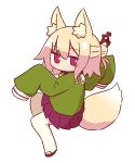  1girl animal_ear_fluff animal_ears bangs bell bell_collar blonde_hair blush brown_collar brown_footwear closed_mouth collar commentary_request eyebrows_visible_through_hair fox_ears fox_girl fox_tail full_body green_shirt hair_between_eyes hair_bun hair_ornament highres jingle_bell kemomimi-chan_(naga_u) long_hair long_sleeves looking_at_viewer looking_to_the_side naga_u original pleated_skirt purple_skirt red_eyes ribbon-trimmed_legwear ribbon_trim sailor_collar shirt sidelocks simple_background skirt sleeves_past_fingers sleeves_past_wrists solo tail thighhighs white_background white_legwear white_sailor_collar 