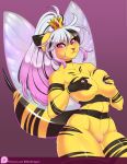  2019 anthro areola arthropod bee big_breasts blithedragon blush breasts crown digital_media_(artwork) eyelashes felid feline female hair hi_res hybrid hymenopteran insect insect_wings long_hair looking_at_viewer mammal nipples patreon pink_eyes pussy solo stinger url white_hair wings 