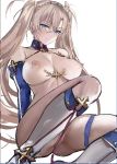  1girl ass bangs bare_shoulders blonde_hair blue_eyes blush boots bradamante_(fate/grand_order) braid breasts closed_mouth crown_braid elbow_gloves fate/grand_order fate_(series) french_braid gloves hair_between_eyes hair_ornament highleg highleg_leotard knee_boots large_breasts legs leotard long_hair looking_at_viewer misako12003 nipples simple_background sitting solo thigh_strap thighs twintails very_long_hair white_background 