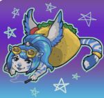  ambiguous_form ambiguous_gender blue_feathers blue_hair blue_nose blue_stripes blue_tongue eyewear feathers felid feline food goggles hair long_hair low_res mammal solo star stripes taco tacoma tacoma_(character) tongue white_body wings 