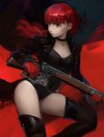  1girl black_coat black_footwear black_leotard boots choker gloves gun leotard long_sleeves looking_to_the_side open_clothes persona persona_5 persona_5_the_royal ponytail qosic red_eyes red_gloves red_hair rifle solo thigh_boots thighhighs weapon yoshizawa_kasumi 