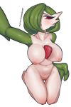  1girl amadeen breasts creatures_(company) game_freak gardevoir gen_3_pokemon green_hair hand_on_hips kneeling nintendo nude pokemon pussy red_eye 
