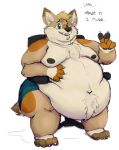  anthro belly belly_overhang big_belly blush canid canine canis chair chubby_cheeks claws clothed clothing coyote dialogue embarrassed gesture hand_on_stomach hi_res love_handles male mammal moobs mountaindewdrawer navel nipples obese obese_male open_mouth open_smile overweight overweight_male simple_background sitting smile solo text thick_thighs toe_claws topless white_background 