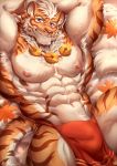  anthro bulge clothing felid hands_behind_head hi_res jewelry lin_hu looking_at_viewer lying male mammal muscular muscular_male necklace nekojishi on_back pantherine pecs rabbity smile solo tiger underwear 