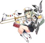  1girl anshan_(azur_lane) azur_lane bird black_skirt blush boots chick closed_mouth drum drumsticks eyebrows_visible_through_hair full_body gloves green_eyes green_hair high_heel_boots high_heels holding holding_instrument instrument jiang-ge knee_boots long_hair long_sleeves looking_at_viewer necktie red_neckwear seagull sheet_music side_ponytail skirt smile solo transparent_background trombone very_long_hair white_footwear white_gloves 