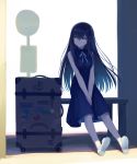  black_dress black_hair closed_mouth dress hairband kushima_kamome long_hair na-ga ribbon rolling_suitcase shade sign sitting sleeveless sleeveless_dress stop_sign suitcase summer_pockets 