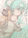 2girls aqua_bow aqua_eyes aqua_hair backless_outfit bangs black_bow blonde_hair blush bow breasts cleavage commentary_request eyes_closed hair_bow highres hug kasuga_sunao long_hair multiple_girls no_nose original parted_lips small_breasts smile striped striped_bow upper_body yuri 