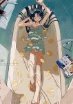  1girl amiyakinyu arm_up bangs bare_legs barefoot bathtub black_hair cellphone clothed_bath drawstring eyes_closed from_above glasses highres long_hair open_mouth original phone plate sleeveless solo tank_top 