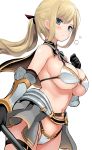  1girl alice_gear_aegis armor bikini_armor black_gloves blonde_hair blue_eyes blush breasts cleavage commentary_request cowboy_shot elbow_gloves eyebrows_visible_through_hair gloves hand_up highres iinuma_toshinori large_breasts long_hair navel ponytail rita_henschel simple_background solo sweat underboob vambraces white_background 