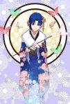  1girl alternate_costume axia-chan blue_eyes blue_hair bug butterfly checkered checkered_background ciel hair_ornament highres insect japanese_clothes kimono obi sash short_hair solo tsukihime wide_sleeves yukata 