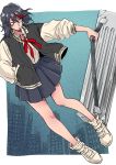  1girl black_hair dutch_angle eyebrows_visible_through_hair full_body hair_between_eyes hand_in_pocket highres jacket kani_aruki_(bucket_crawl) kill_la_kill long_sleeves luggage matoi_ryuuko multicolored_hair open_clothes open_jacket open_mouth pleated_skirt red_hair ribbon school_uniform shirt shoes short_hair skirt sneakers solo standing streaked_hair white_shirt 