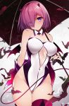  1girl absurdres bangs bare_shoulders bat blush breasts center_opening cleavage closed_mouth demon_tail detached_collar fate/grand_order fate_(series) hair_over_one_eye highres horns large_breasts lavender_hair leotard looking_at_viewer mash_kyrielight netarou off_shoulder purple_eyes short_hair solo tail thighs umbrella white_leotard 