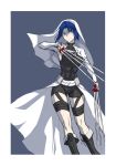  1girl axia-chan black_keys blue_background blue_eyes blue_hair bodysuit boots breasts ciel cross-laced_footwear highres knee_boots lace-up_boots medium_breasts short_hair shrug_(clothing) sketch solo tsukihime veil waist_cape white_background white_veil 