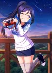  1girl black_footwear blue_hair blue_skirt camera day floating_hair grey_legwear grin head_tilt highres holding holding_camera ink_(pixiv25450915) leg_up long_hair long_sleeves love_live! love_live!_sunshine!! matsuura_kanan miniskirt one_eye_closed outdoors print_legwear print_sweater purple_eyes shiny shiny_hair skirt sky smile solo standing standing_on_one_leg star_(sky) starry_sky sweater thighhighs white_sweater 