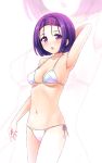  1girl :o aposine arm_behind_head armpits bikini blush breasts cleavage erect_nipples hair_intakes hair_ornament highres looking_at_viewer medium_breasts navel open_mouth purple_eyes purple_hair sairenji_haruna shiny shiny_hair short_hair side-tie_bikini sideboob solo standing swimsuit to_love-ru underboob white_background white_bikini 