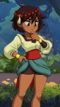 1girl ajna ajna_(indivisible) armband beads brown_hair bush bushes close-up dark_skin dark_skinned_female eyebrows female female_focus grass hand_on_chin indivisible jungle legs outdoors rock screencap spats stone sweatdrop thinking video_games waist_cape 