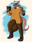  anthro beard book bulge clothed clothing eyewear facial_hair glasses hi_res hyper hyper_bulge kyrie_eleison male mammal murid murine pipe rat rodent simple_background solo standing 
