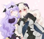  2girls animal_ears armor black_gloves black_hairband camilla_(fire_emblem_if) cat_ears commission eyes_closed female_my_unit_(fire_emblem_if) fire_emblem fire_emblem_if gloves hair_over_one_eye hairband hug long_hair multiple_girls my_unit_(fire_emblem_if) nintendo open_mouth plushcharm purple_hair red_eyes simple_background tiara twitter_username white_hair 