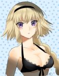  1girl aile_t black_bikini_top black_hairband black_ribbon blonde_hair blue_background blush braid braided_ponytail breasts cleavage collarbone fate/grand_order fate_(series) front-tie_bikini front-tie_top hairband halterneck jeanne_d&#039;arc_(fate)_(all) jeanne_d&#039;arc_(swimsuit_archer) long_hair looking_at_viewer medium_breasts parted_lips polka_dot polka_dot_background purple_eyes ribbon single_braid solo underboob upper_body very_long_hair 