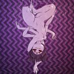  1girl breasts extra_eyes fangs hand_on_hip highres insect_girl monster_girl muffet multiple_arms nipples purple_skin pussy short_hair silk spider_girl spider_web undertale upside-down 
