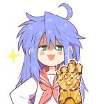  1girl ahoge avengers:_infinity_war bangs blue_hair blush_stickers eyebrows_visible_through_hair green_eyes infinity_gauntlet inkerton-kun izumi_konata long_hair long_sleeves looking_at_viewer lucky_star marvel neckerchief open_mouth outline pink_neckwear red_sailor_collar sailor_collar school_uniform serafuku shirt simple_background smile solo upper_body white_background white_outline white_shirt 