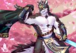  2019 abs anthro biceps canid canine canis clothing fur headband hi_res horkeukamui male mammal multicolored_fur muscular muscular_male nipples pecs piao_miao solo tokyo_afterschool_summoners video_games white_fur wolf 