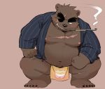  2019 anthro belly brown_fur bulge clothed clothing fundoshi fur gouki_(the_spicy_ninja_scrolls) humanoid_hands japanese_clothing kinoshita-jiroh male mammal moobs navel nipples open_shirt overweight overweight_male scar shirt simple_background smoking solo teeth the_spicy_ninja_scrolls topwear underwear ursid 