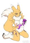 anthro breastfeeding breasts canid canine digimon digimon_(species) duo female fur hi_res kandlin mammal monster navel nipples nude pregnant renamon sweat tentacle_monster tentacles white_belly white_fur yellow_fur 