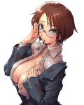  1girl amania_orz blazer breasts brown_hair cleavage collarbone collared_shirt glasses green_eyes jacket large_breasts long_sleeves looking_at_viewer meitantei_conan open_mouth shirt short_hair solo tachibana_kyouko_(meitantei_conan) 