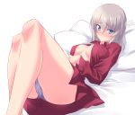  1girl bangs bed_sheet blue_eyes blue_panties blush breasts closed_mouth commentary crotch_seam dated dress_shirt eyebrows_visible_through_hair girls_und_panzer highres itsumi_erika kuromorimine_military_uniform kuzuryuu_kennosuke legs long_hair long_sleeves looking_at_viewer lying medium_breasts military military_uniform miniskirt no_bra on_back on_bed open_clothes open_shirt panties pantyshot pantyshot_(lying) pillow pleated_skirt red_shirt red_skirt shirt silver_hair skirt solo twitter_username underwear uniform white_background wing_collar 