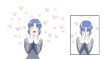  1girl axia-chan blue_hair blush ciel covering_eyes crossed_arms eyes_closed habit hands_on_own_cheeks hands_on_own_face heart highres open_mouth short_hair solo teeth tongue tsukihime white_background 