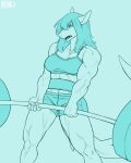  anthro clothed clothing exercise female fish hair hi_res marine monochrome muscular muscular_female nasusbot open_mouth shark simple_background solo standing weightlifting workout 
