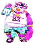  2019 alp_(tas) anthro belly bmf_6666 clothing cute_fangs eyes_closed fur giant_panda hat headgear headwear hi_res humanoid_hands male mammal navel overweight overweight_male purple_fur shirt shorts solo tokyo_afterschool_summoners topwear ursid video_games 