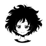  1girl akiyama_yukari bangs closed_mouth commentary cropped_shoulders eyebrows_visible_through_hair girls_und_panzer inumoto light_blush looking_at_viewer messy_hair monochrome portrait short_hair smile solo 