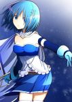  1girl aabtcndneefkg arm_strap belt blue_eyes blue_gloves blue_hair blue_skirt blue_sleeves breasts cape cleavage cowboy_shot detached_sleeves gloves hair_between_eyes hair_ornament highres holding holding_sword holding_weapon long_sleeves mahou_shoujo_madoka_magica medium_breasts midriff miki_sayaka miniskirt shiny shiny_hair short_hair sideboob skirt solo standing stomach strapless sword thighhighs weapon white_cape zettai_ryouiki 