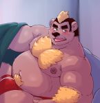  2019 anthro bed bedding belly black_nose blanket blush brown_fur bulge clothed clothing extracurricular_activities fur harold_grifter hi_res jumperbear male mammal moobs navel nipples overweight overweight_male pillow solo underwear ursid 
